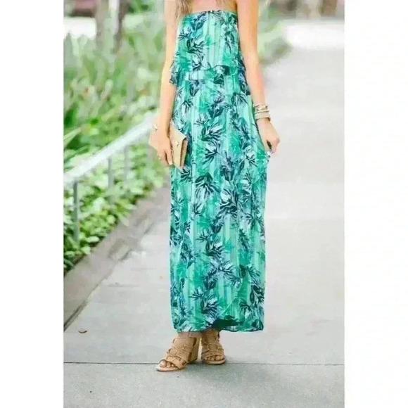 Women's Banana Republic Strapless Green‎ Midi Dress Size 0 Lightweight Tropical - Picture 1 of 9